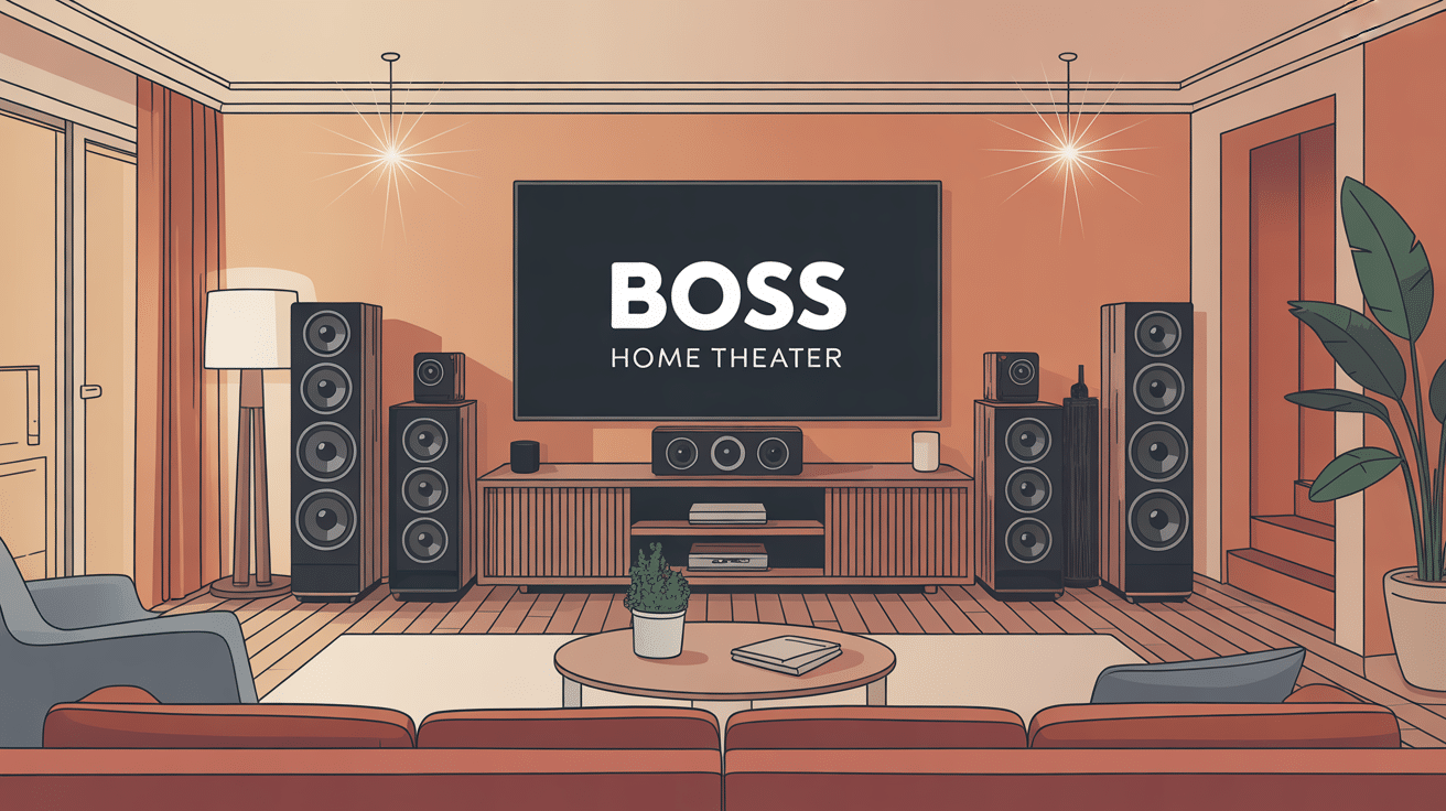 Boss Home Theater installé dans un salon moderne, ambiance immersive