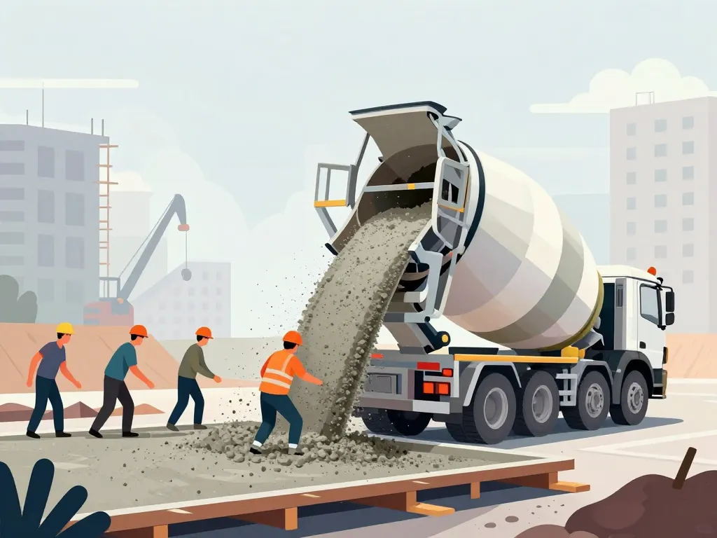 toupie à béton versant du béton sur une dalle de fondation