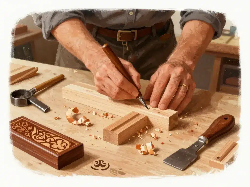 illustration ébénisterie et menuiserie établi artisan outils et marqueterie