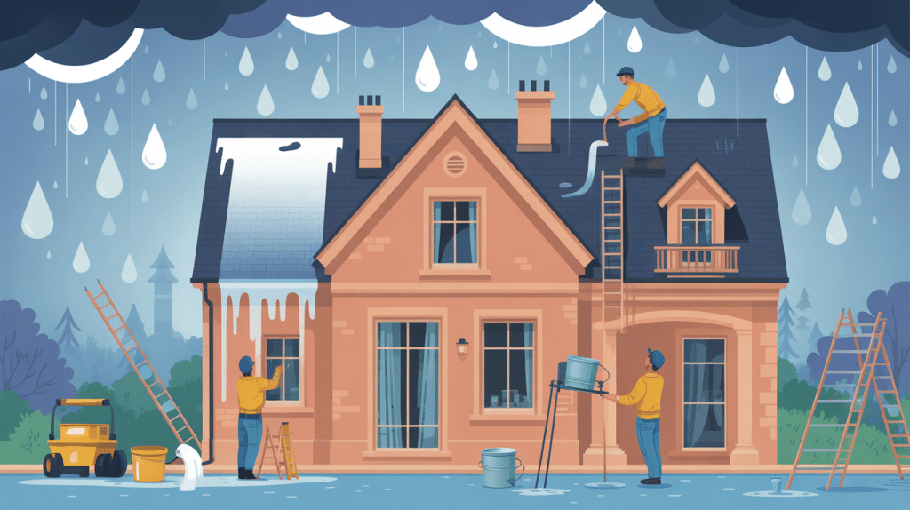 Application d'enduit par temps humide sur façade de maison