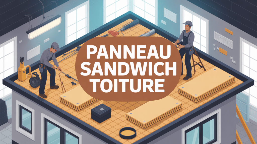 illustration pose panneau sandwich toiture sur charpente