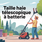 illustration taille haie télescopique à batterie dans jardin moderne