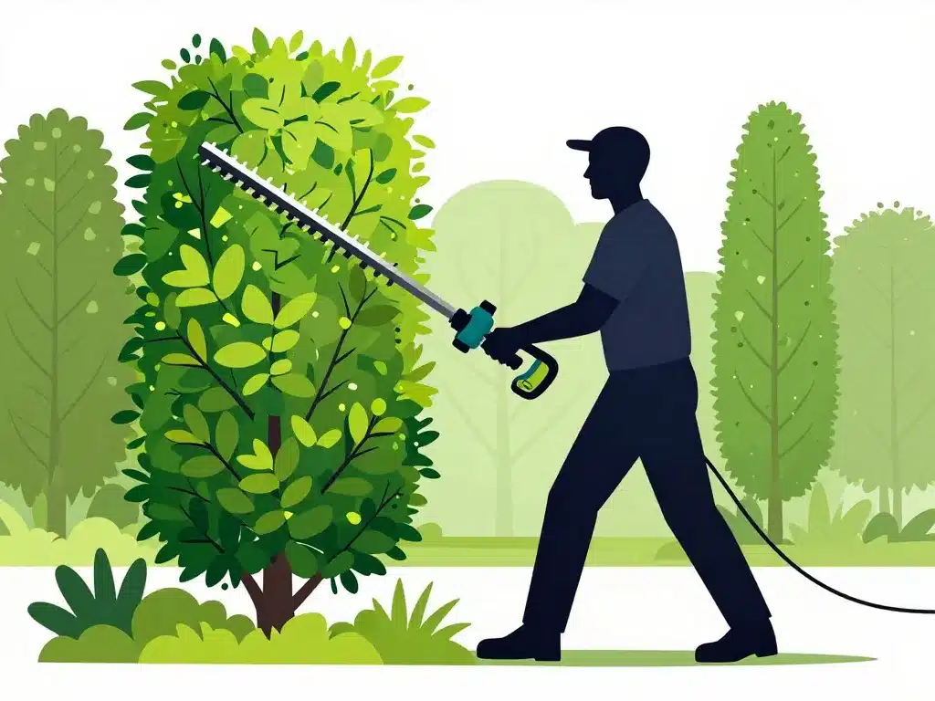 taille haie télescopique à batterie sur haute haie silhouette