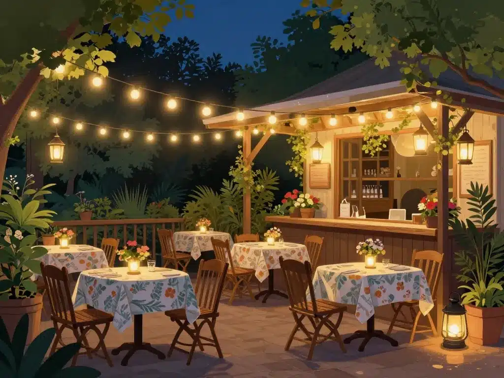 terrasse guinguette décoration éclairage