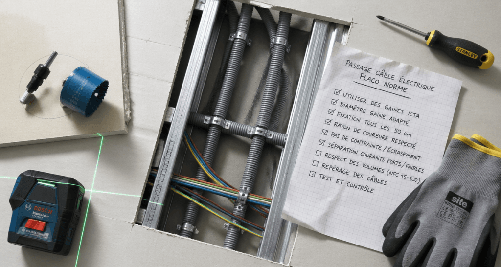 passage câble électrique dans cloison placo norme checklist chantier