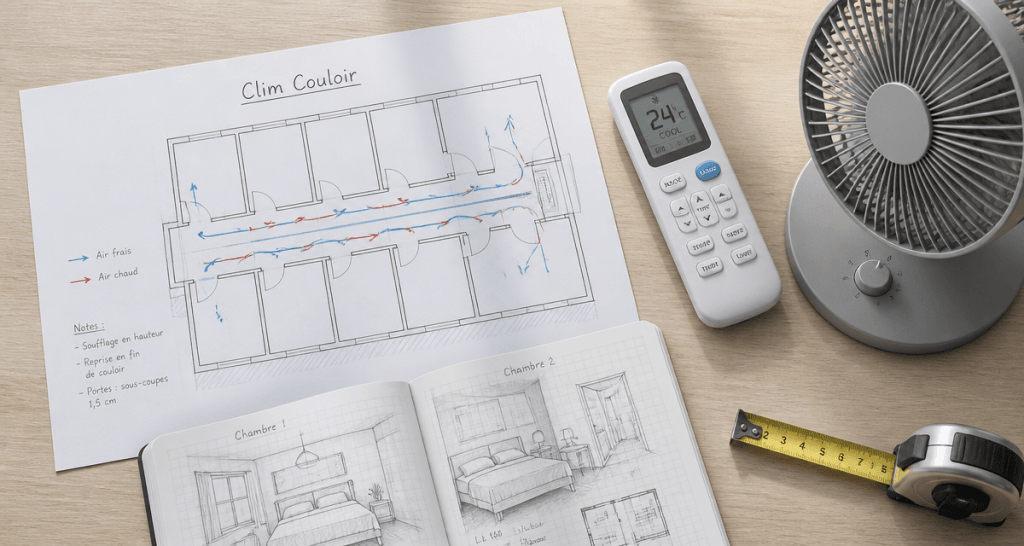 clim dans couloir pour refroidir les chambres, schéma technique et accessoires