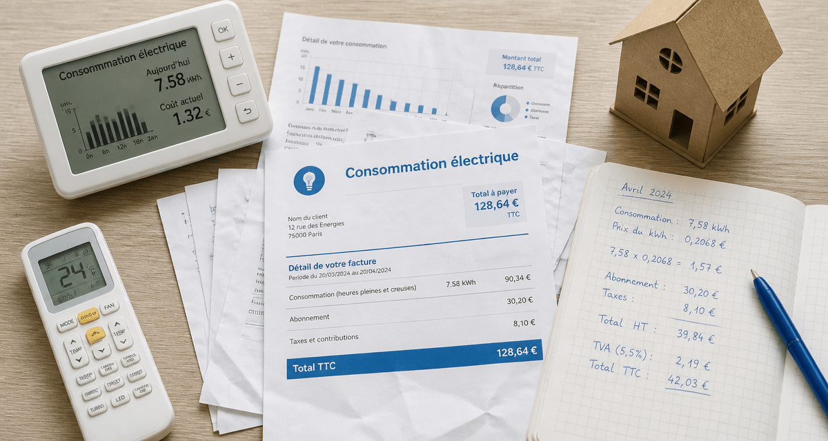 consommation electrique climatiseur reversible sur table avec factures et thermostat
