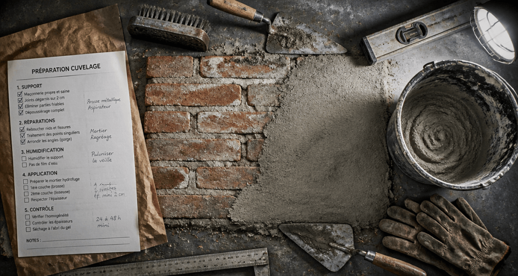 Cuvelage mur, outils maçon et mur enduit