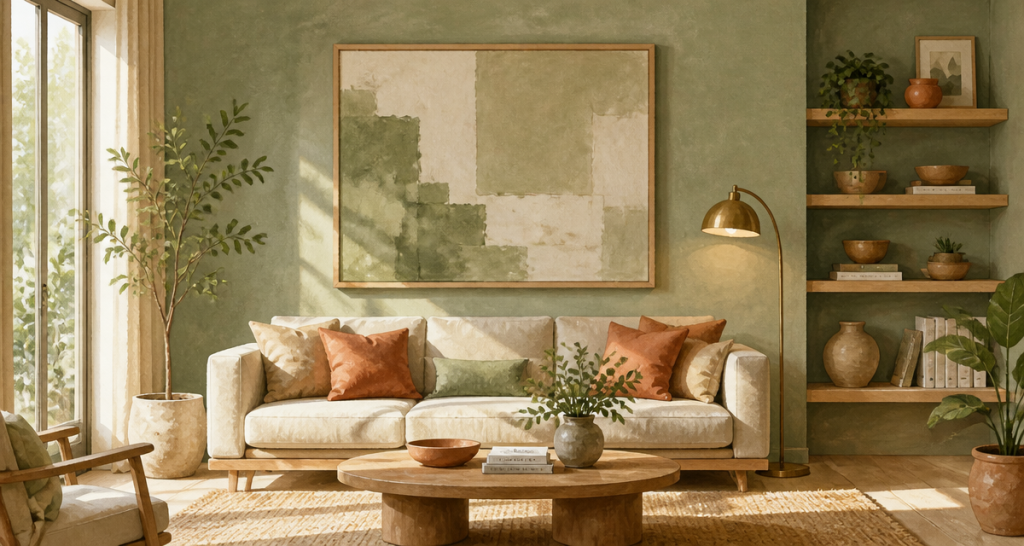 decoration murale vert sauge salon contemporain