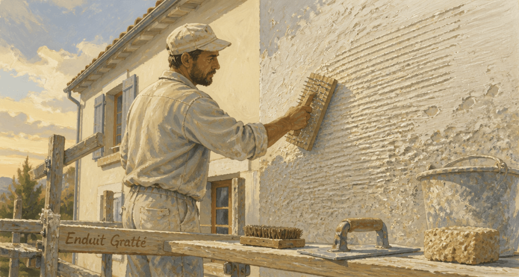 enduit gratte sur mur extérieur par artisan