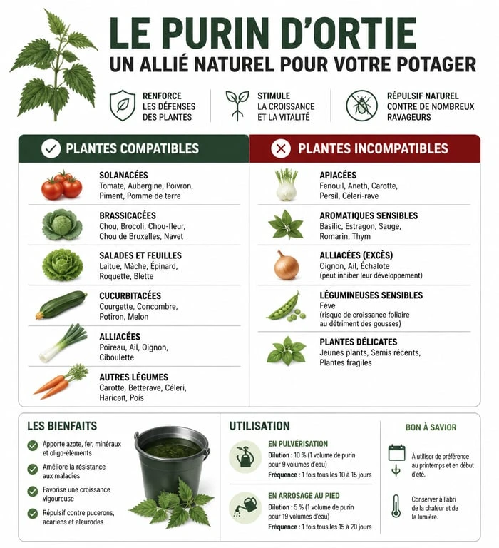 Infographie récapitulative des plantes compatibles et incompatibles avec le purin d'ortie pour le jardinage naturel
