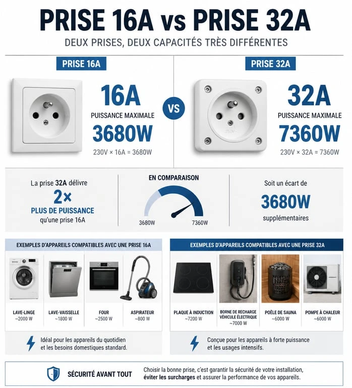 Infographie comparative puissance prise 16A et 32A