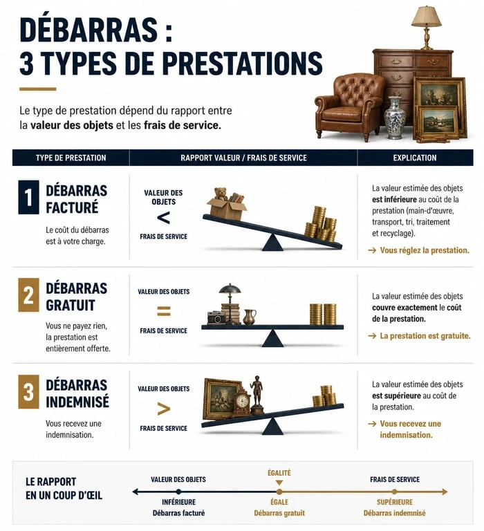 Infographie explicative des trois formules de devis de débarras : facturé, gratuit ou indemnisé
