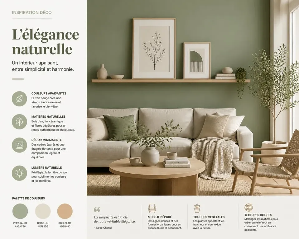 Décoration murale vert sauge dans un salon moderne avec cadres en bois clair
