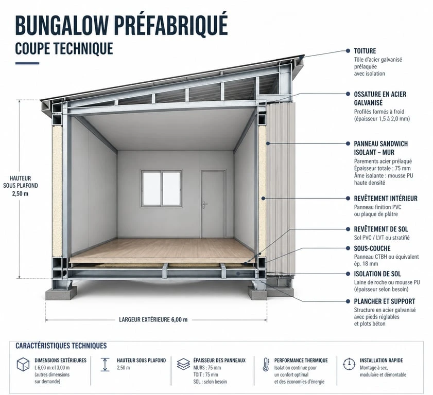 Schéma technique de la structure d'un bungalow préfabriqué