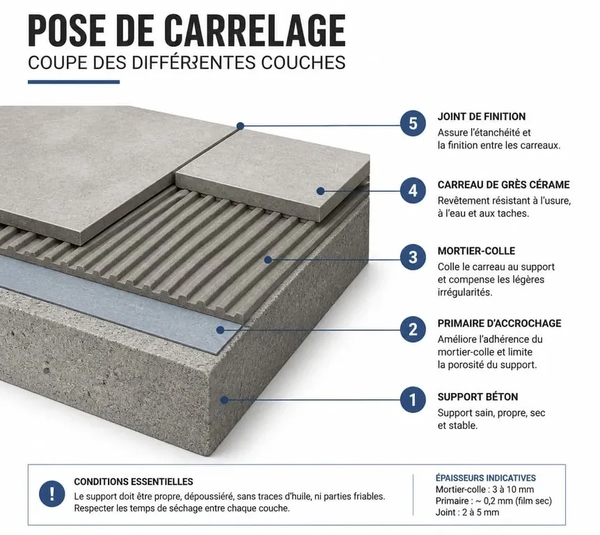 Schéma technique des couches d'une pose de carrelage pour une rénovation réussie