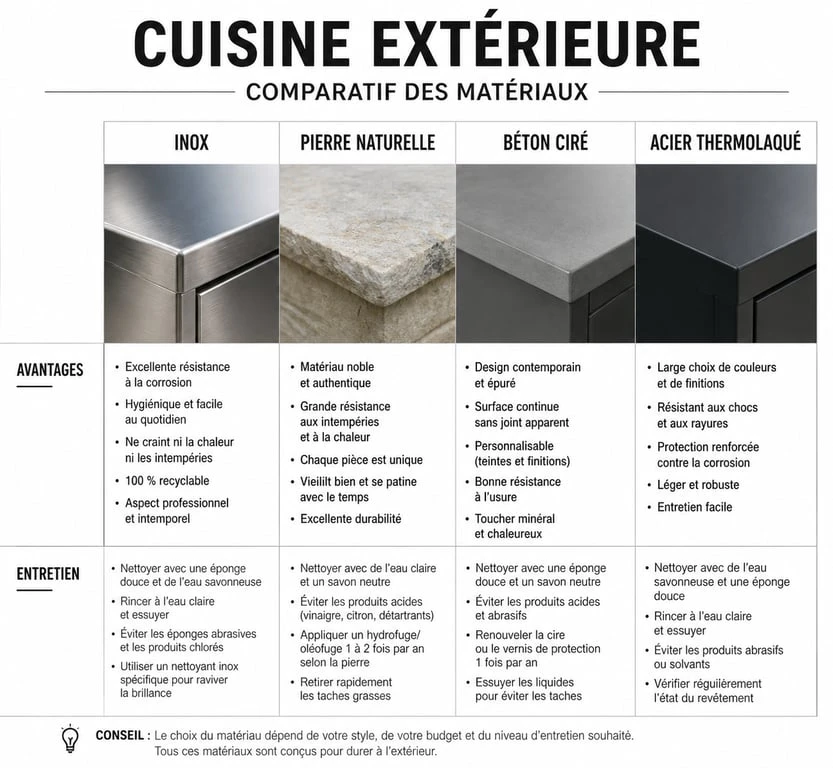 Comparatif des matériaux pour cuisine extérieure : inox, pierre, béton et acier