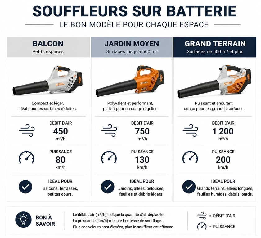 Infographie comparative pour choisir le meilleur souffleur sur batterie selon la surface du jardin