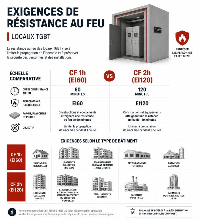 Infographie des exigences de résistance au feu pour local TGBT : normes CF 1h et CF 2h