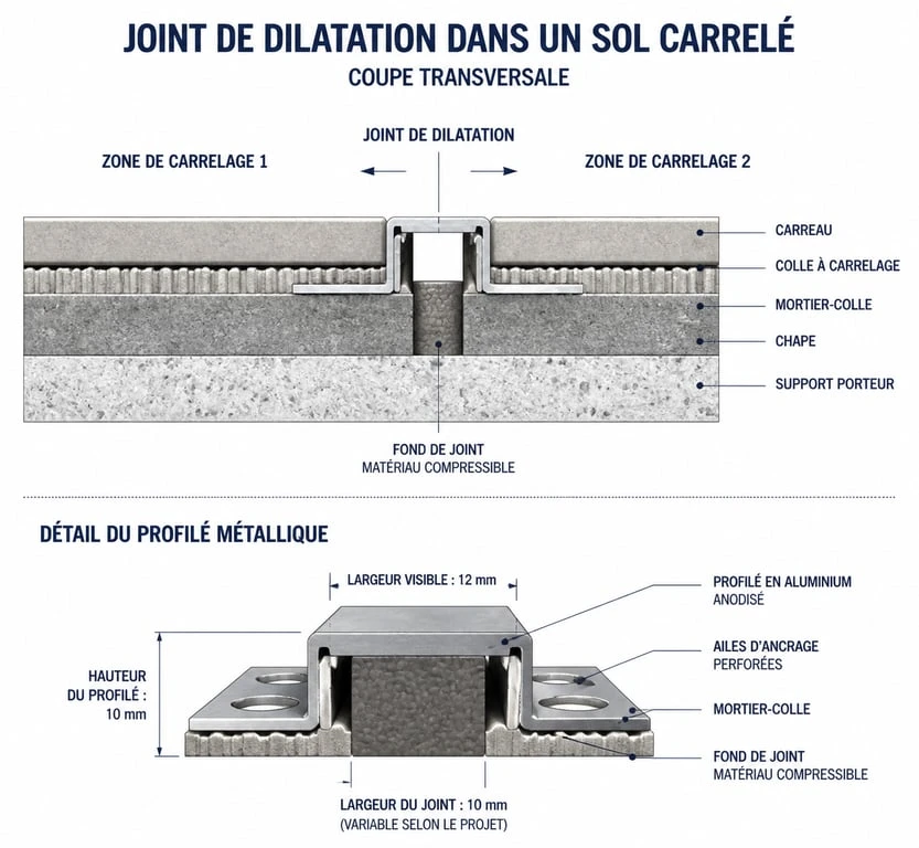 Schéma technique d'un joint de dilatation pour carrelage