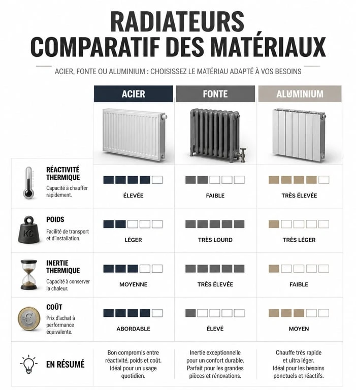Comparatif des matériaux de radiateurs : acier, fonte et aluminium pour chauffage central