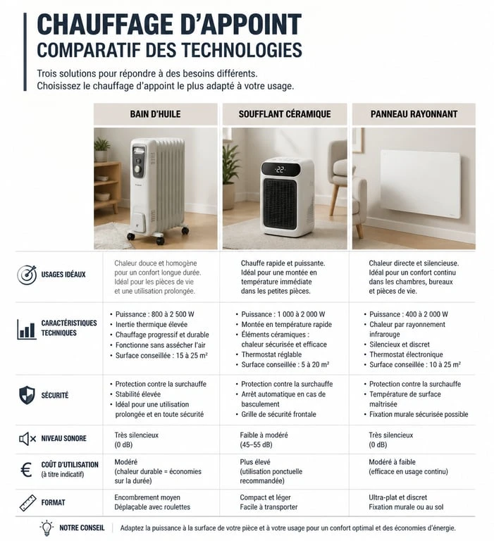 Infographie comparative des technologies de chauffage d'appoint : bain d'huile, soufflant céramique, et panneau rayonnant