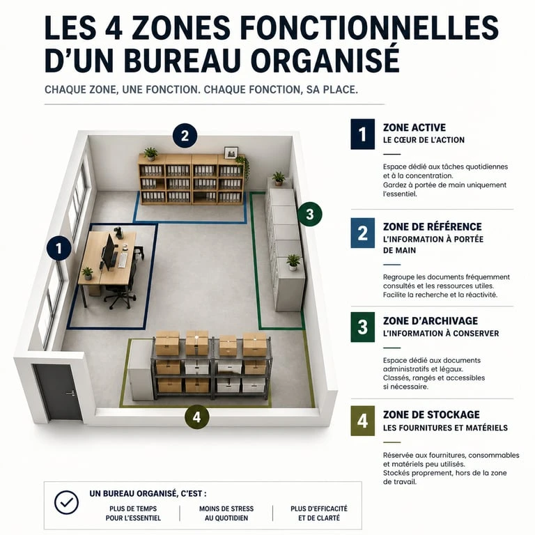 Infographie des 4 zones fonctionnelles pour organiser un bureau efficacement