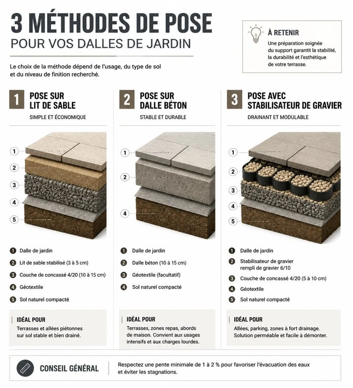 Infographie des techniques de pose pour dalle allée de jardin : sable, béton et stabilisateur