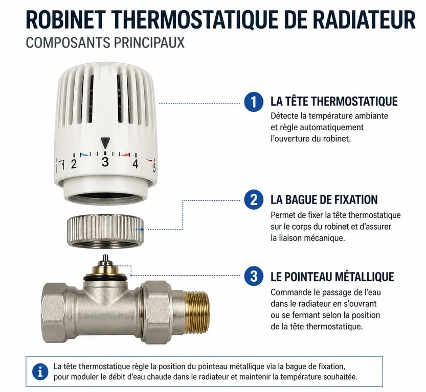 Schéma des composants pour changer une tête de robinet thermostatique de radiateur