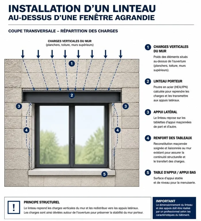 Schéma technique montrant l'installation d'un linteau pour agrandir une fenêtre