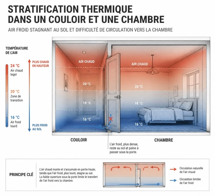 Schéma de stratification thermique de l'air pour une climatisation dans un couloir