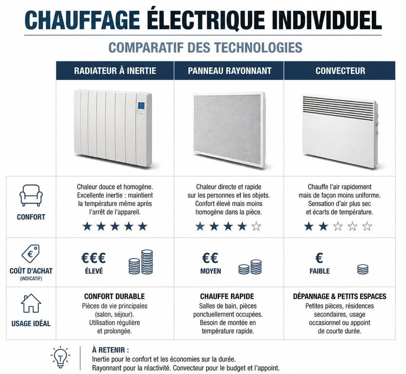Comparatif des technologies de chauffage individuel électrique : inertie, rayonnant et convecteur