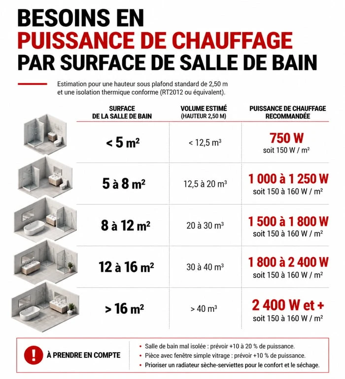Tableau comparatif des puissances de radiateur pour salle de bain selon la surface en m2