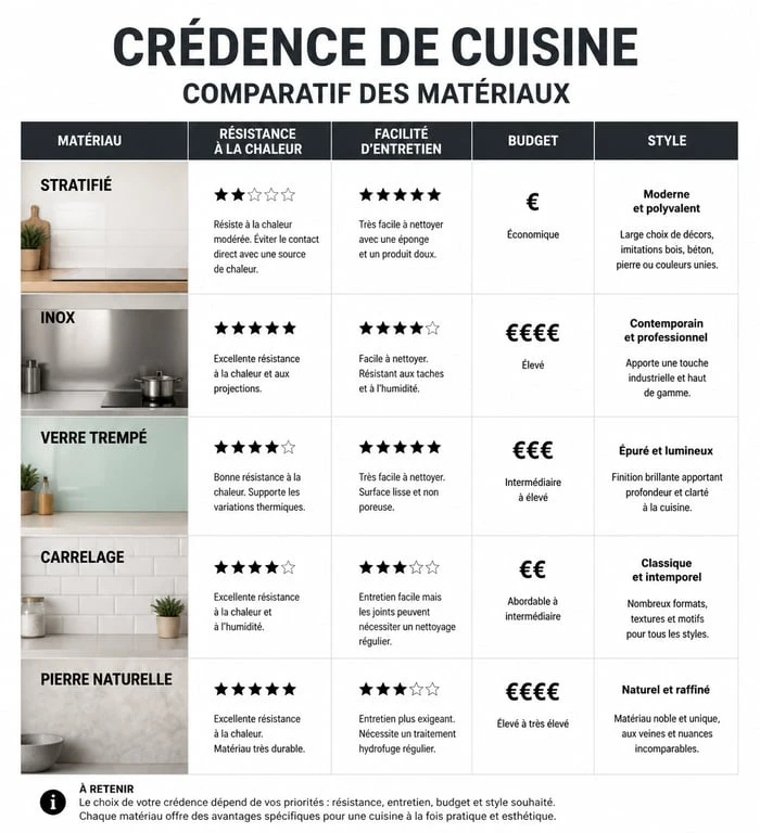 Infographie comparative des matériaux pour choisir sa crédence de cuisine : stratifié, inox, verre, carrelage et pierre.