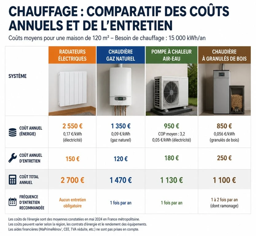 Comparatif des coûts annuels et entretien des systèmes de chauffage : électricité, gaz, pompe à chaleur et bois.