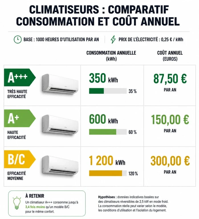 Comparaison de la consommation électrique annuelle par classe énergétique de climatiseur réversible