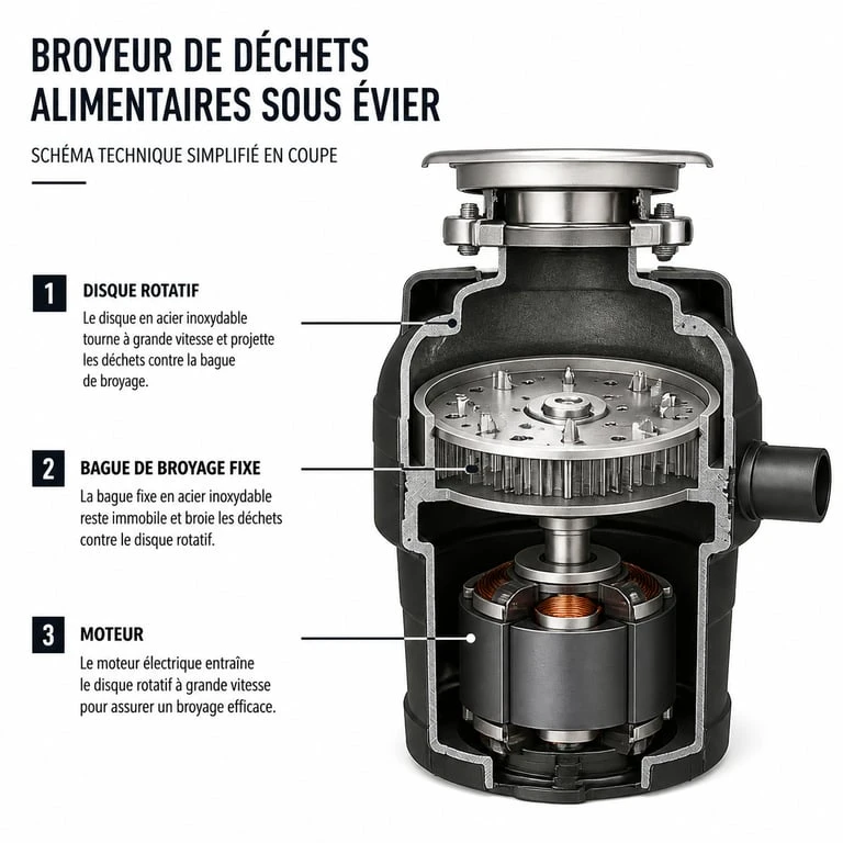 Schéma de fonctionnement d'un broyeur pour évier montrant le mécanisme interne de broyage