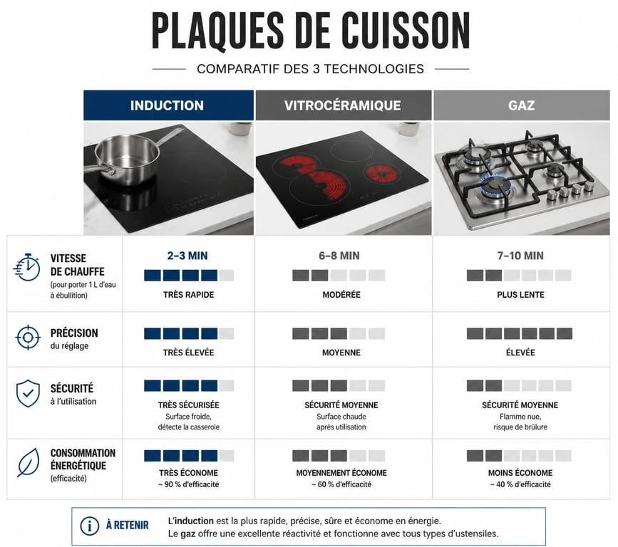Infographie comparative des technologies de plaques de cuisson : induction, vitrocéramique et gaz pour bien choisir sa plaque de cuisson.