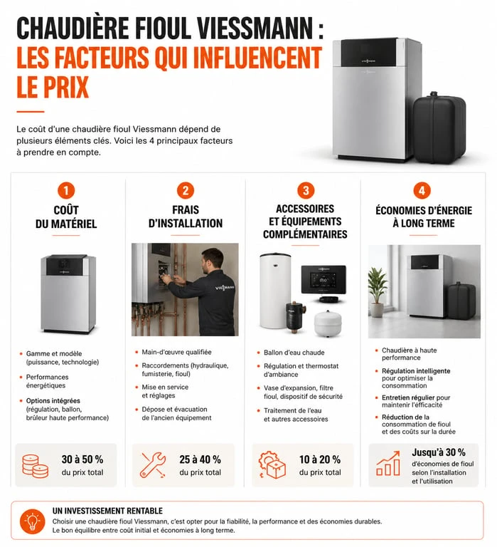 Infographie des facteurs de prix et économies d'une chaudière fioul Viessmann