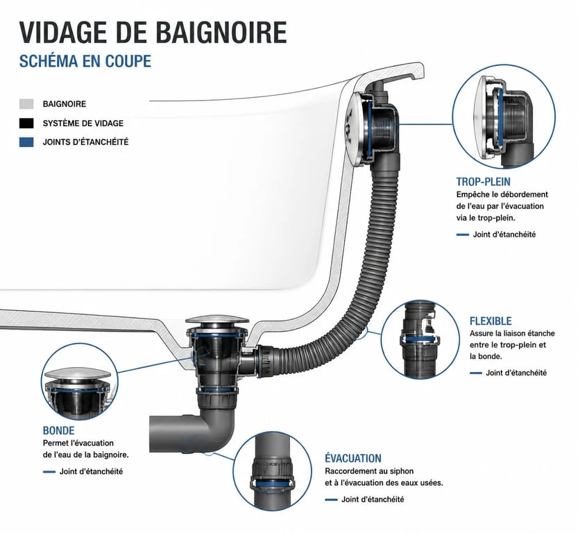 Schéma technique du système de trop-plein de baignoire et vidage