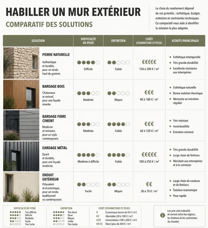 Infographie comparative des solutions pour cacher un mur extérieur : plantes grimpantes, panneaux décoratifs, peinture et parement.