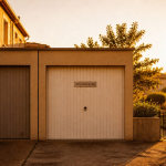 Maison mitoyenne par le garage, deux garages accolés au coucher du soleil