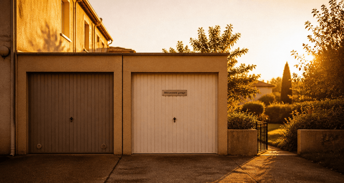 Maison mitoyenne par le garage, deux garages accolés au coucher du soleil