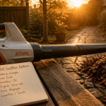 meilleur souffleur sur batterie posé sur table au jardin