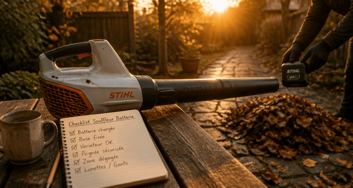 meilleur souffleur sur batterie posé sur table au jardin
