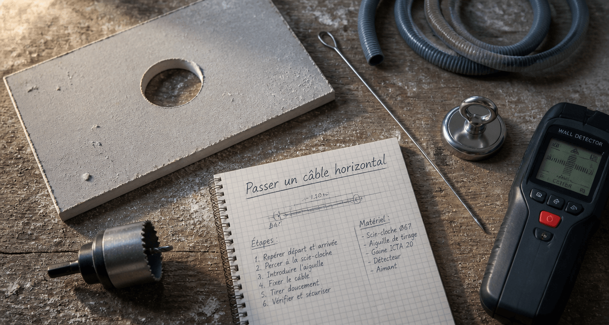 Passer un câble horizontal dans une cloison placo, outils sur plan de travail