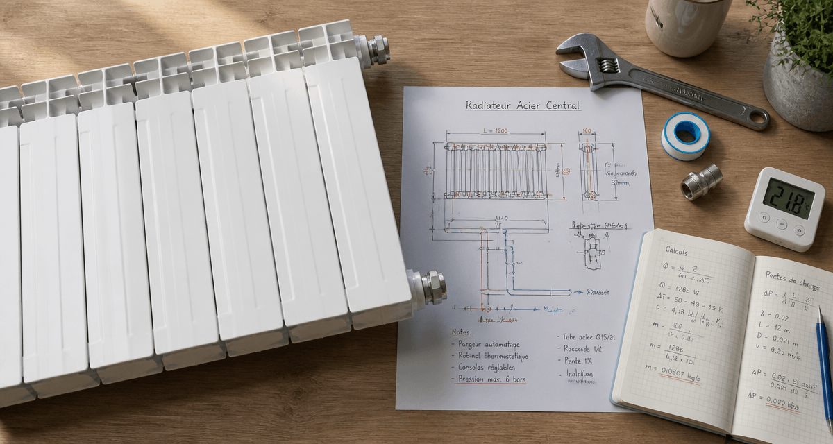 radiateur en acier pour chauffage central avec outils et plan