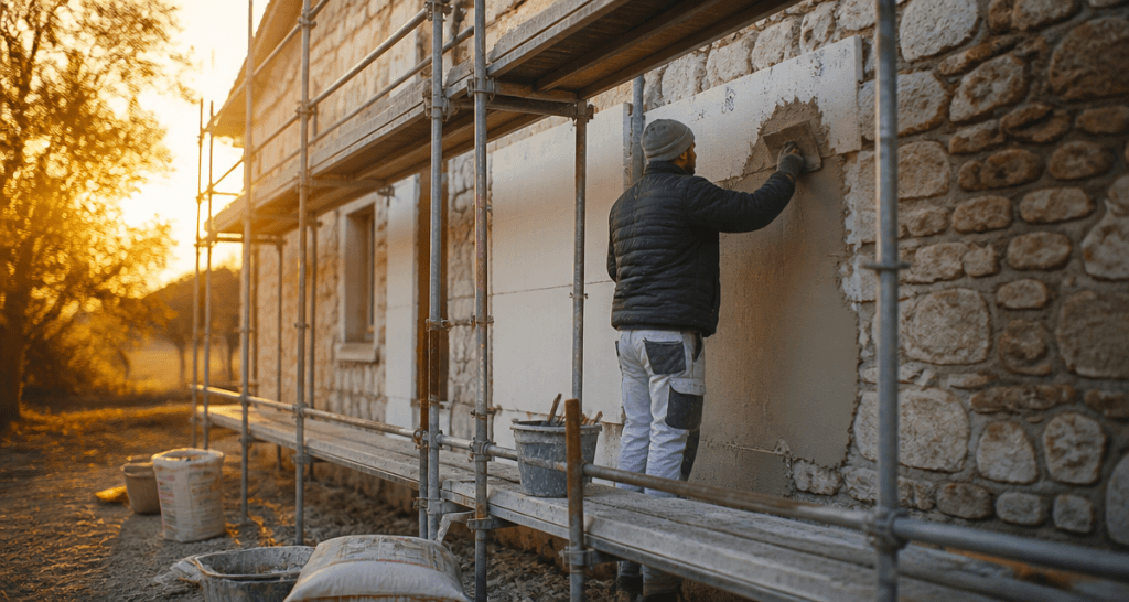 Ravalement ITE ouvrier isolant façade