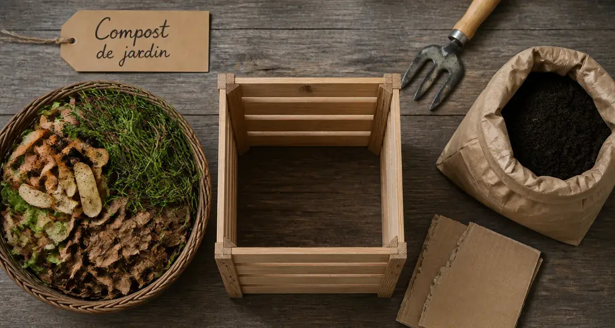 Composteur jardin avec épluchures et déchets végétaux