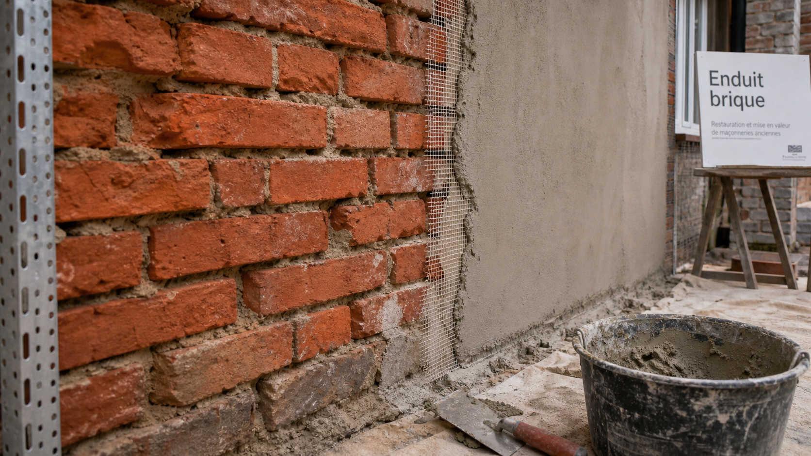 Enduit sur brique : mur fissuré avant, brosse et mortier